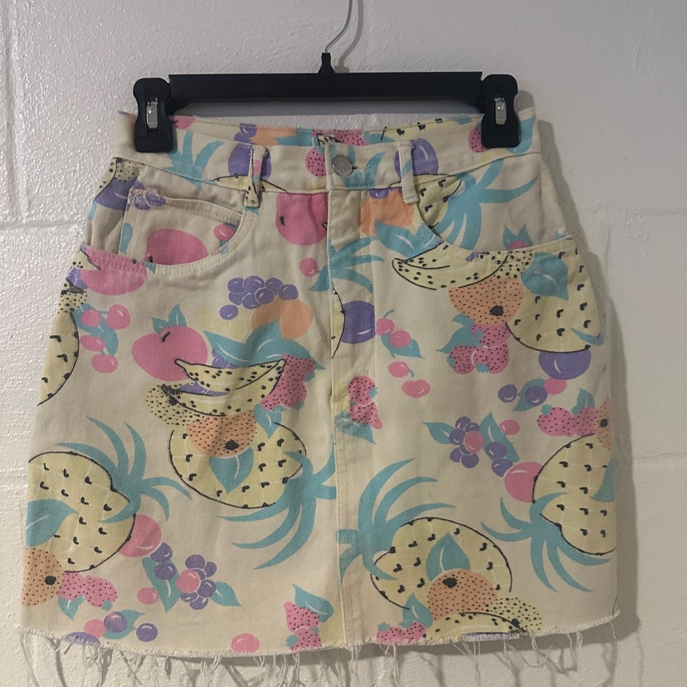 True Vtg 80s Rio RARE Yellow Fruit Print Women's Denim Mini Skirt 26 S